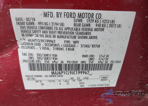 2018 Ford Ecosport Ses из США, поврежденный, VIN MAJ6P1CL9JC199962